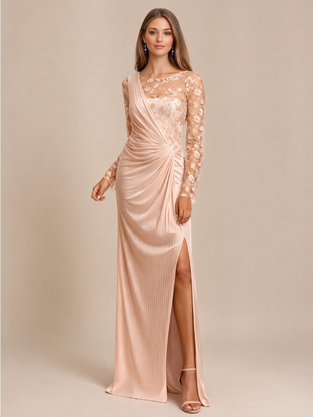 Tadashi Shoji Sequin Pintuck Lace Evening Gown/Champagne/ Size S NWT